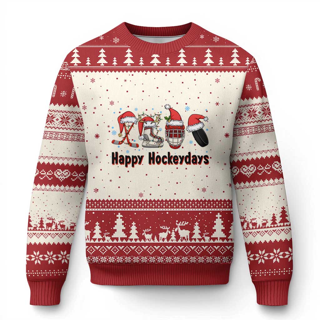 Happy Hockeydays Ugly Christmas Sweater Funny Xmas Ice Hockey Gift TS12 Beige Red Print Your Wear