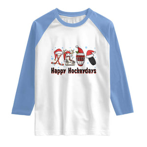 Happy Hockeydays Raglan Shirt Funny Christmas Ice Hockey Gift TS12 White Carolina Blue Print Your Wear