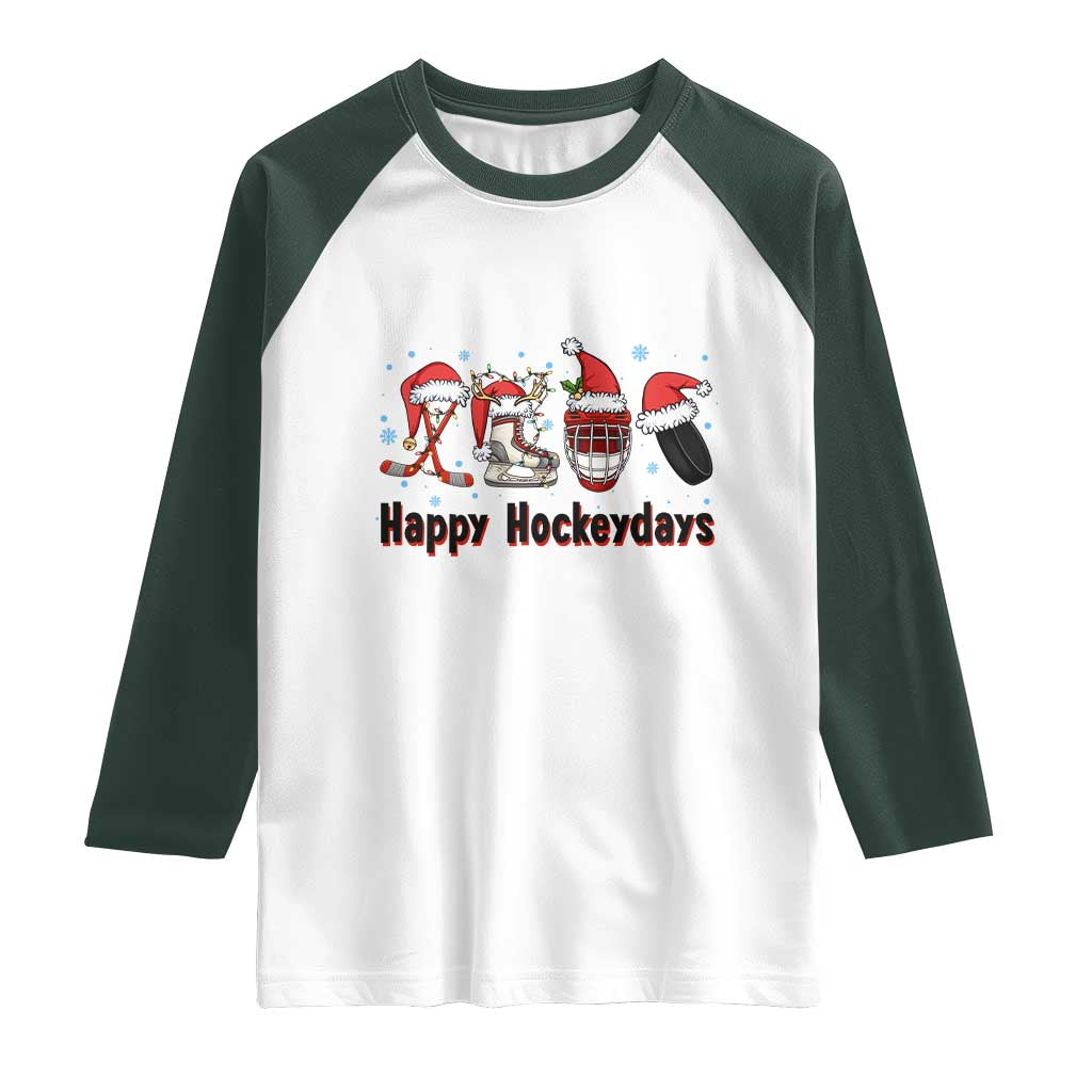 Happy Hockeydays Raglan Shirt Funny Christmas Ice Hockey Gift TS12 White Dark Forest Green Print Your Wear