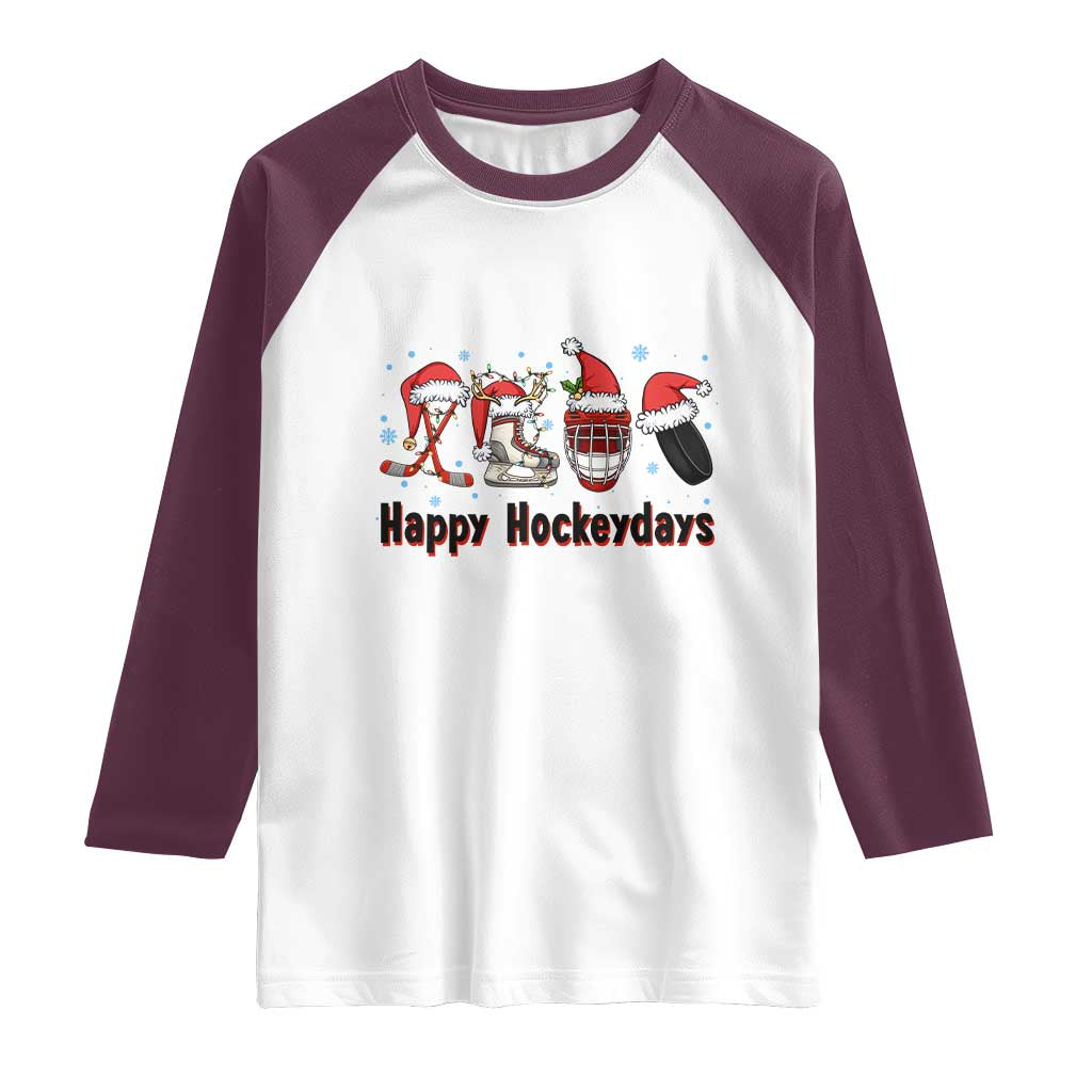 Happy Hockeydays Raglan Shirt Funny Christmas Ice Hockey Gift TS12 White Maroon Print Your Wear
