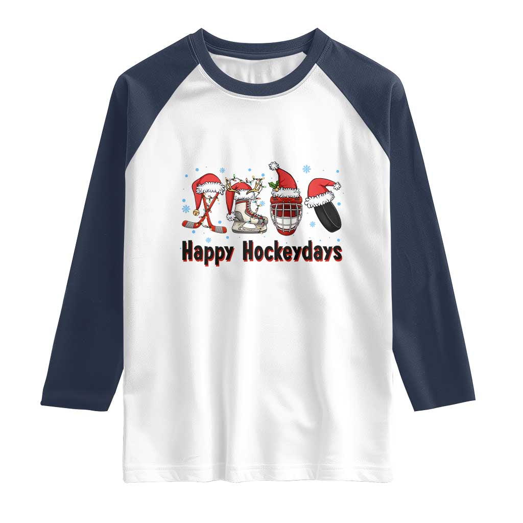 Happy Hockeydays Raglan Shirt Funny Christmas Ice Hockey Gift TS12 White Navy Print Your Wear
