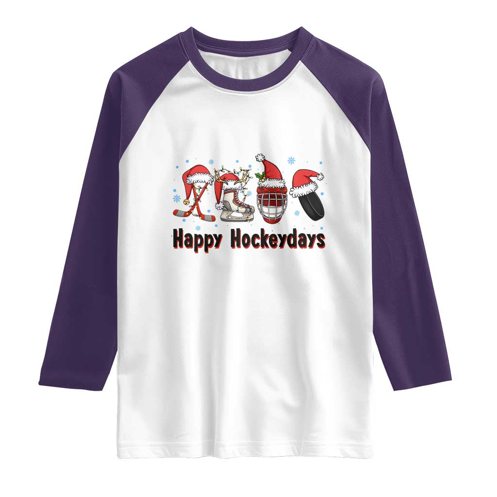 Happy Hockeydays Raglan Shirt Funny Christmas Ice Hockey Gift TS12 White Purple Print Your Wear