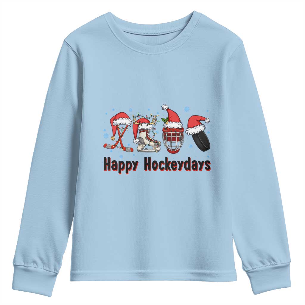 Happy Hockeydays Youth Sweatshirt Funny Christmas Ice Hockey Gift TS12 Light Blue Print Your Wear