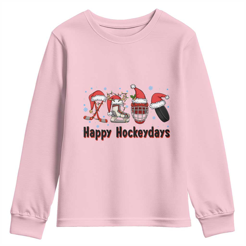 Happy Hockeydays Youth Sweatshirt Funny Christmas Ice Hockey Gift TS12 Light Pink Print Your Wear