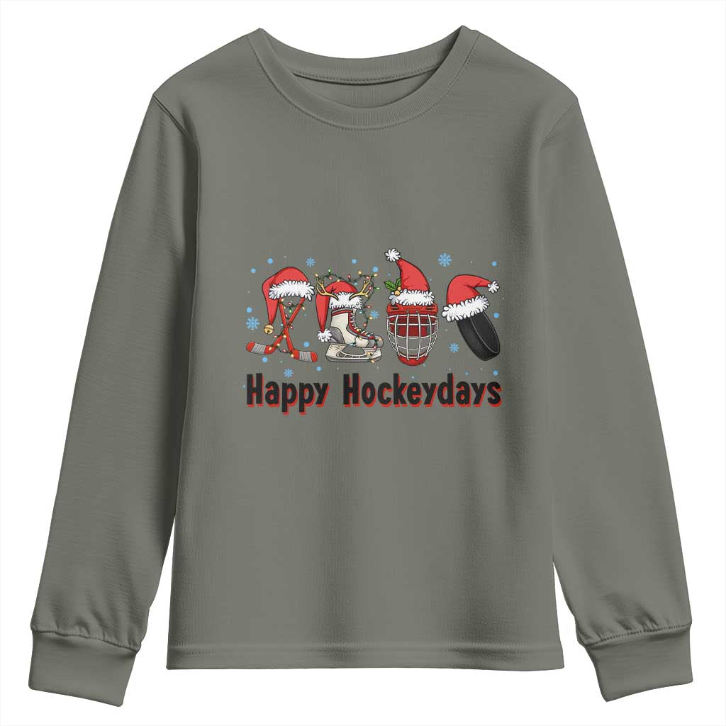 Happy Hockeydays Youth Sweatshirt Funny Christmas Ice Hockey Gift TS12 Military Green Print Your Wear