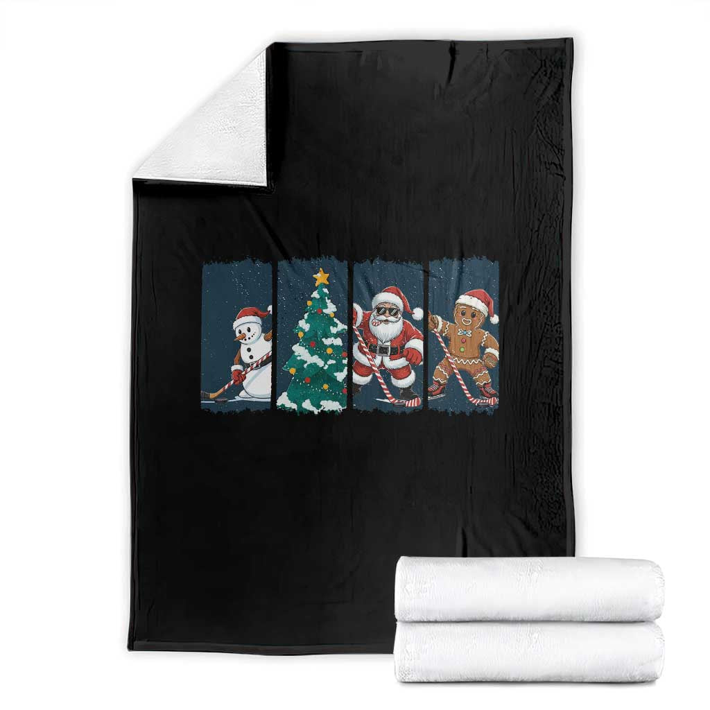 Funny Ice Hockey Christmas Gift Throw Blanket Santa Snowman And Gingerbread Playing Together TS12 Black Print Your Wear