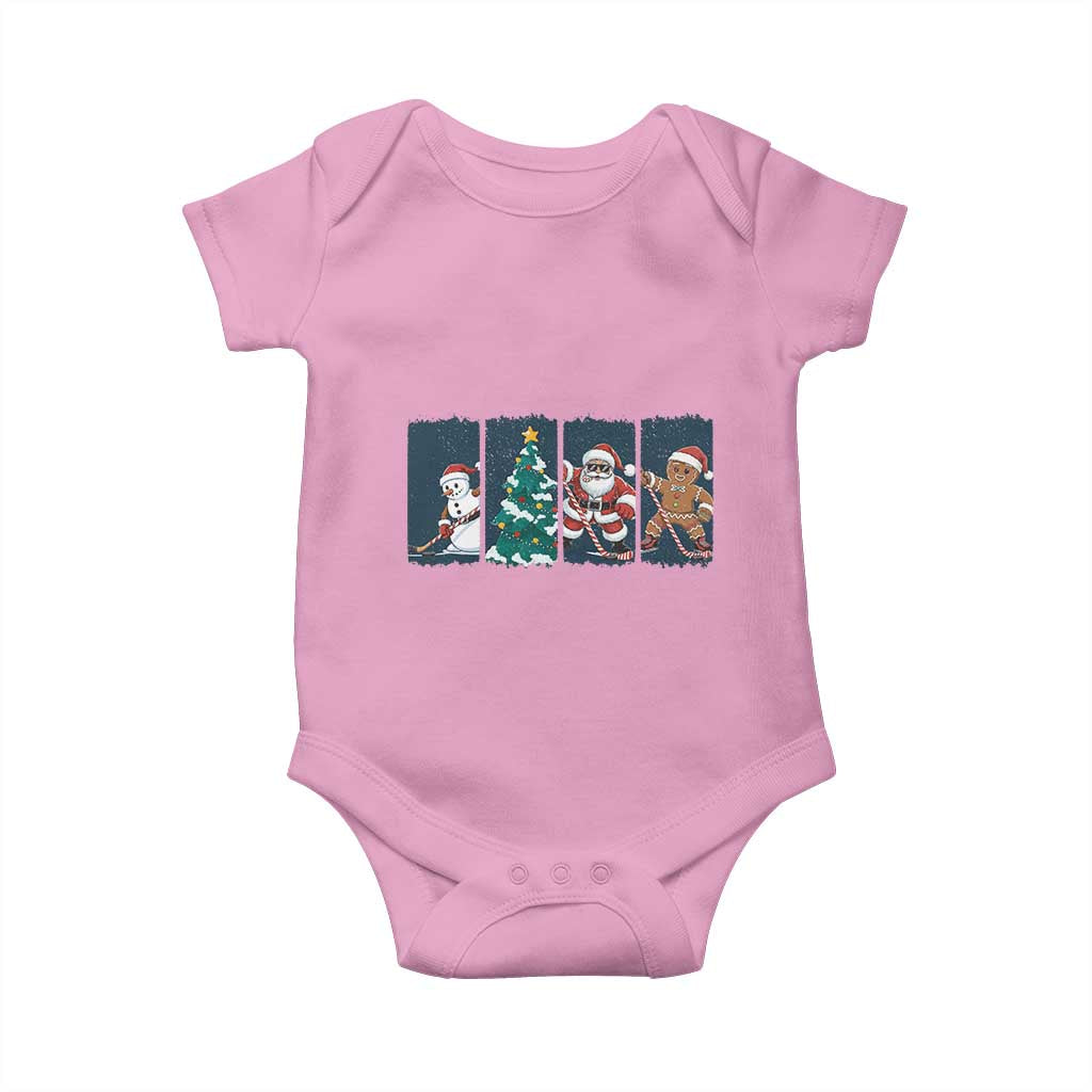 Funny Ice Hockey Christmas Gift Baby Onesie Santa Snowman And Gingerbread Playing Together TS12 Light Pink Print Your Wear