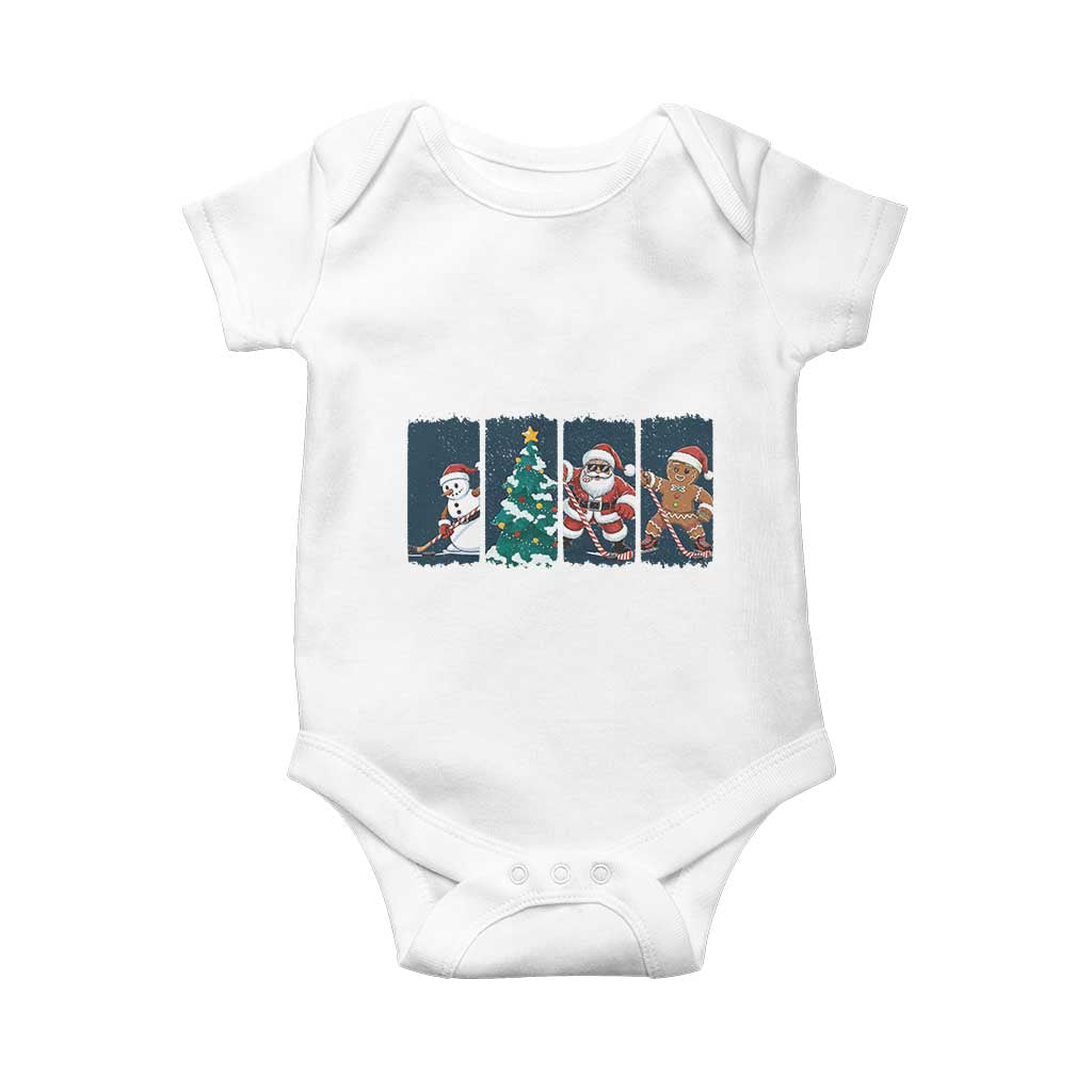 Funny Ice Hockey Christmas Gift Baby Onesie Santa Snowman And Gingerbread Playing Together TS12 White Print Your Wear