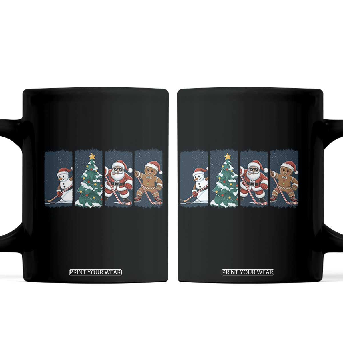 Funny Ice Hockey Christmas Gift Coffee Mug Santa Snowman And Gingerbread Playing Together TS12 Black Print Your Wear