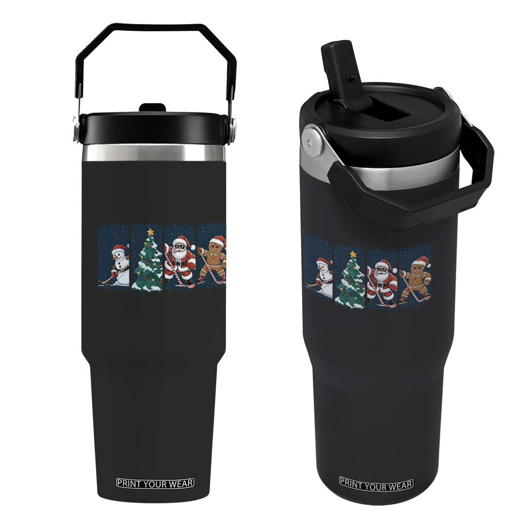 Funny Ice Hockey Christmas Gift Flip Straw Tumbler Santa Snowman And Gingerbread Playing Together TS12 One Size: 30 oz Black Print Your Wear
