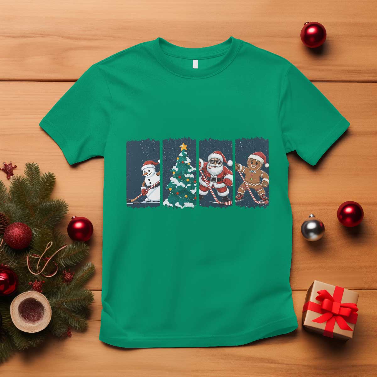 Funny Ice Hockey Christmas Gift T Shirt Santa Snowman And Gingerbread Playing Together TS12 Irish Green Print Your Wear