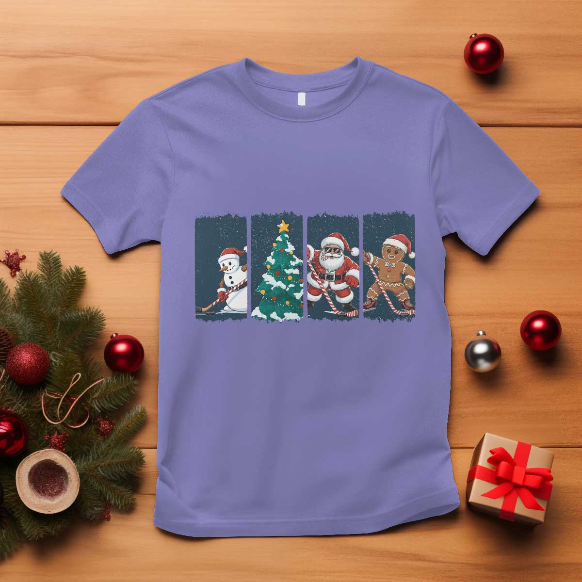 Funny Ice Hockey Christmas Gift T Shirt Santa Snowman And Gingerbread Playing Together TS12 Violet Print Your Wear