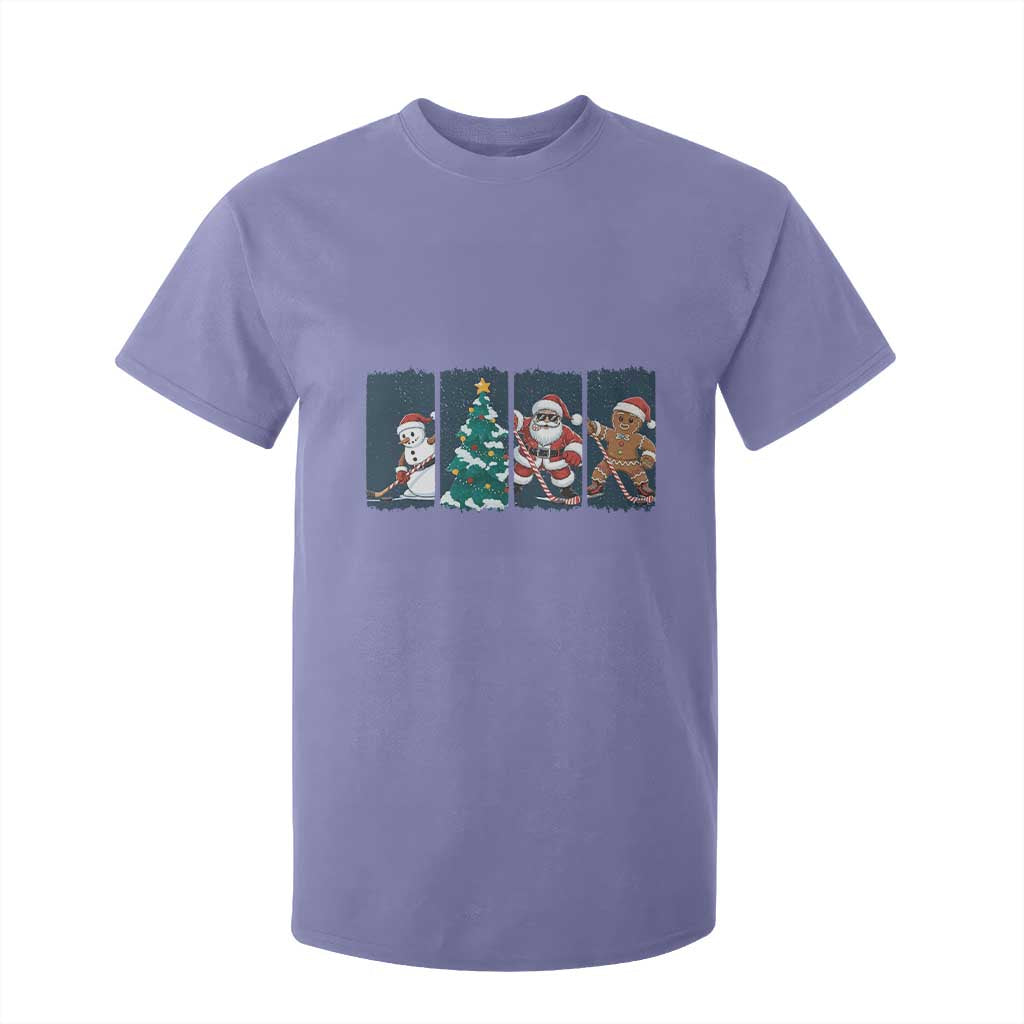 Funny Ice Hockey Christmas Gift T Shirt For Kid Santa Snowman And Gingerbread Playing Together TS12 Violet Print Your Wear