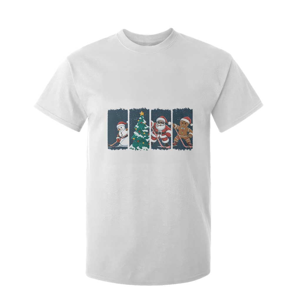 Funny Ice Hockey Christmas Gift T Shirt For Kid Santa Snowman And Gingerbread Playing Together TS12 White Print Your Wear
