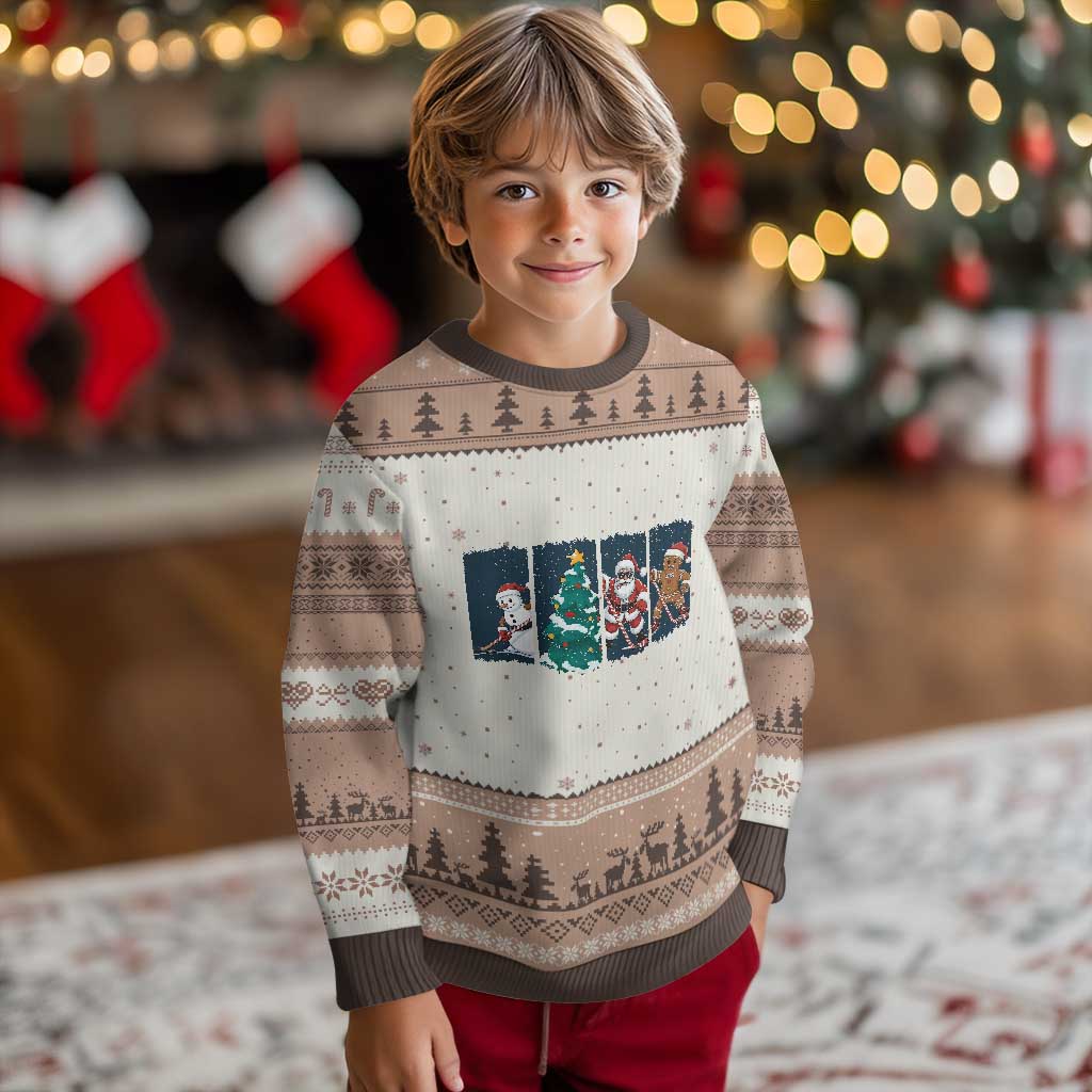 Funny Ice Hockey Xmas Gift Ugly Christmas Sweater Santa Snowman And Gingerbread Playing Together TS12 Mocha Mousse Print Your Wear