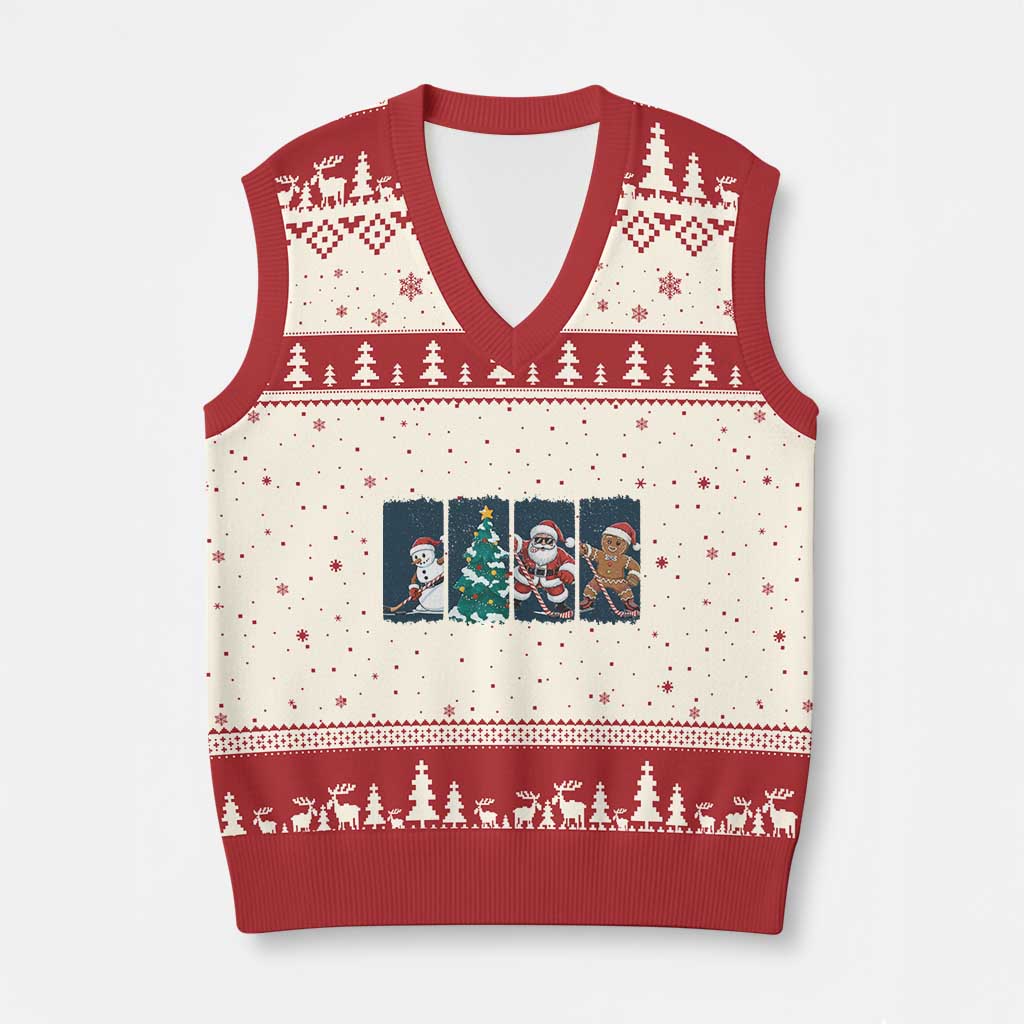 Funny Ice Hockey Xmas Gift V-Neck Knit Sweater Vest Santa Snowman And Gingerbread Playing Together TS12 Beige Red Print Your Wear