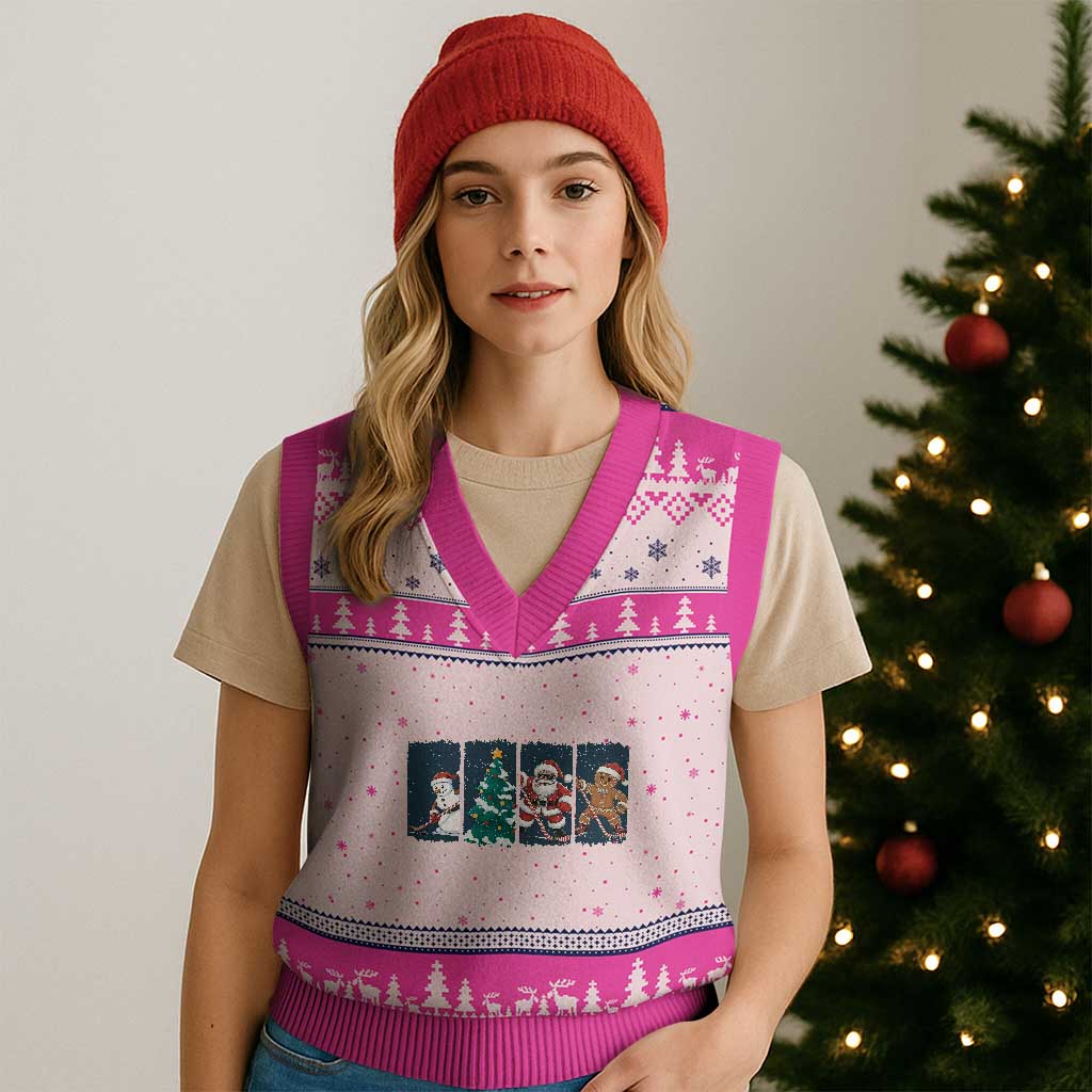 Funny Ice Hockey Xmas Gift V-Neck Knit Sweater Vest Santa Snowman And Gingerbread Playing Together TS12 Hot Pink Print Your Wear