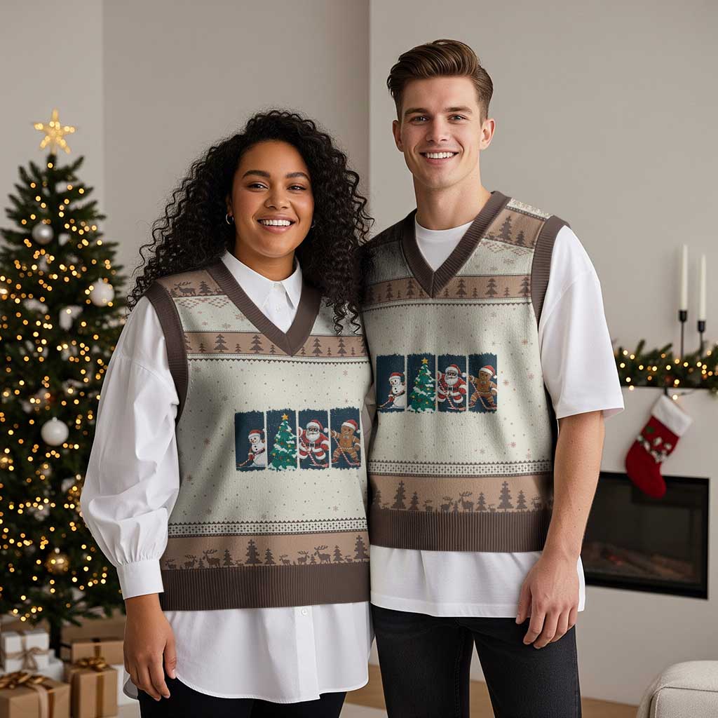 Funny Ice Hockey Xmas Gift V-Neck Knit Sweater Vest Santa Snowman And Gingerbread Playing Together TS12 Mocha Mousse Print Your Wear