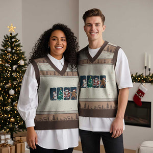 Funny Ice Hockey Xmas Gift V-Neck Knit Sweater Vest Santa Snowman And Gingerbread Playing Together TS12 Mocha Mousse Print Your Wear