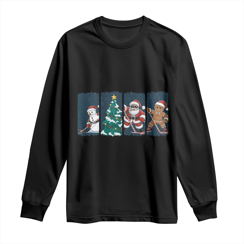 Funny Ice Hockey Christmas Gift Long Sleeve Shirt Santa Snowman And Gingerbread Playing Together TS12 Black Print Your Wear