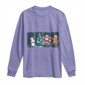 Funny Ice Hockey Christmas Gift Long Sleeve Shirt Santa Snowman And Gingerbread Playing Together TS12 Violet Print Your Wear