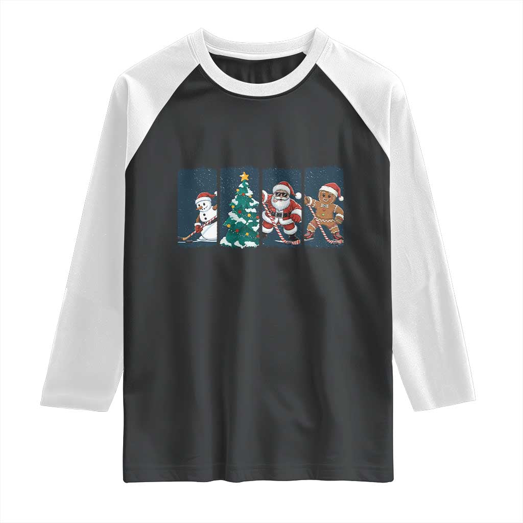 Funny Ice Hockey Christmas Gift Raglan Shirt Santa Snowman And Gingerbread Playing Together TS12 Black White Print Your Wear