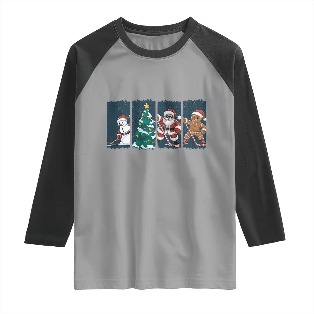 Funny Ice Hockey Christmas Gift Raglan Shirt Santa Snowman And Gingerbread Playing Together TS12 Sport Gray Black Print Your Wear