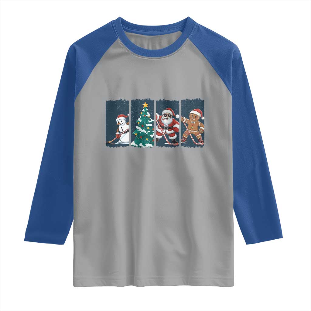 Funny Ice Hockey Christmas Gift Raglan Shirt Santa Snowman And Gingerbread Playing Together TS12 Sport Gray Royal Print Your Wear