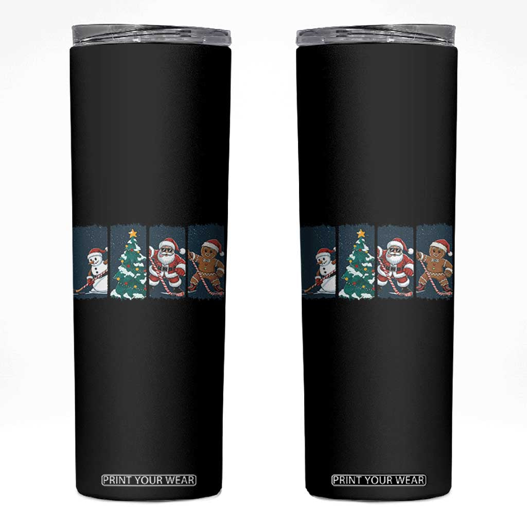 Funny Ice Hockey Christmas Gift Skinny Tumbler Santa Snowman And Gingerbread Playing Together TS12 Black Print Your Wear