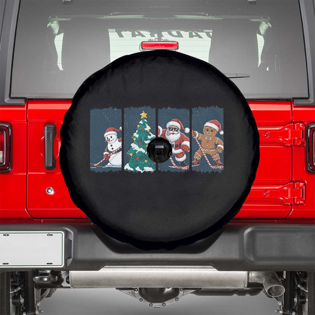 Funny Ice Hockey Christmas Gift Spare Tire Cover Santa Snowman And Gingerbread Playing Together TS12 Black Print Your Wear