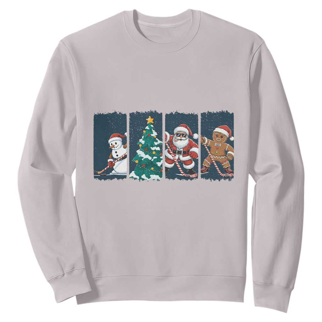 Funny Ice Hockey Christmas Gift Sweatshirt Santa Snowman And Gingerbread Playing Together TS12 Ice Gray Print Your Wear