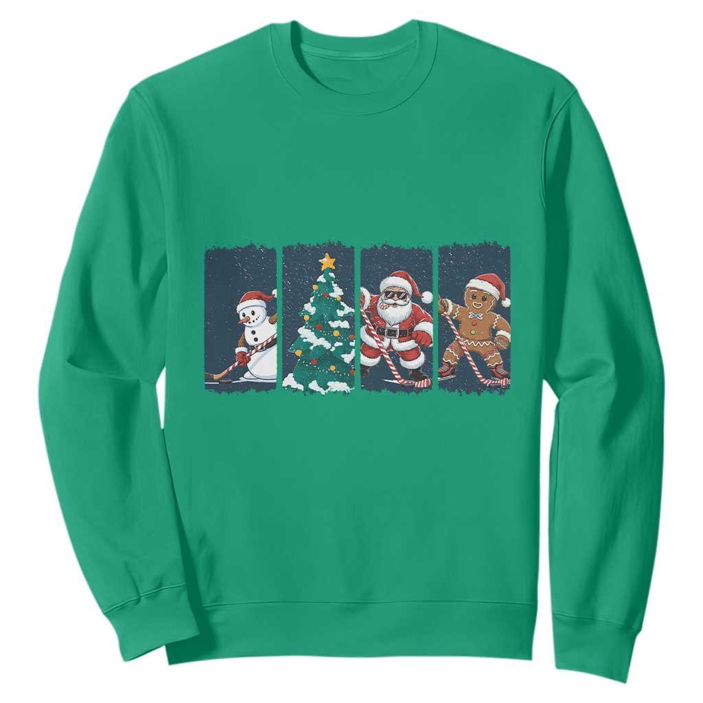 Funny Ice Hockey Christmas Gift Sweatshirt Santa Snowman And Gingerbread Playing Together TS12 Irish Green Print Your Wear