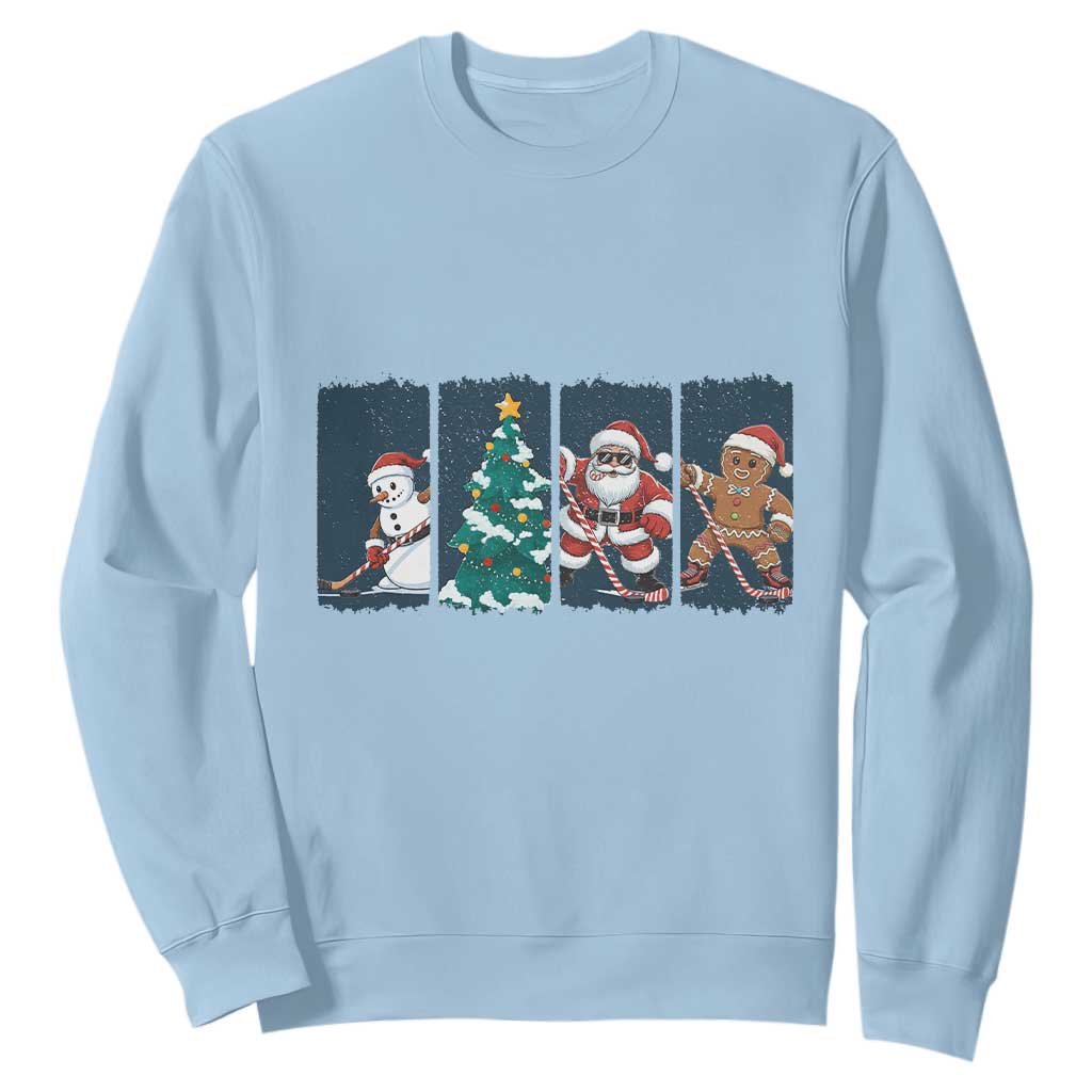 Funny Ice Hockey Christmas Gift Sweatshirt Santa Snowman And Gingerbread Playing Together TS12 Light Blue Print Your Wear