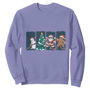 Funny Ice Hockey Christmas Gift Sweatshirt Santa Snowman And Gingerbread Playing Together TS12 Violet Print Your Wear
