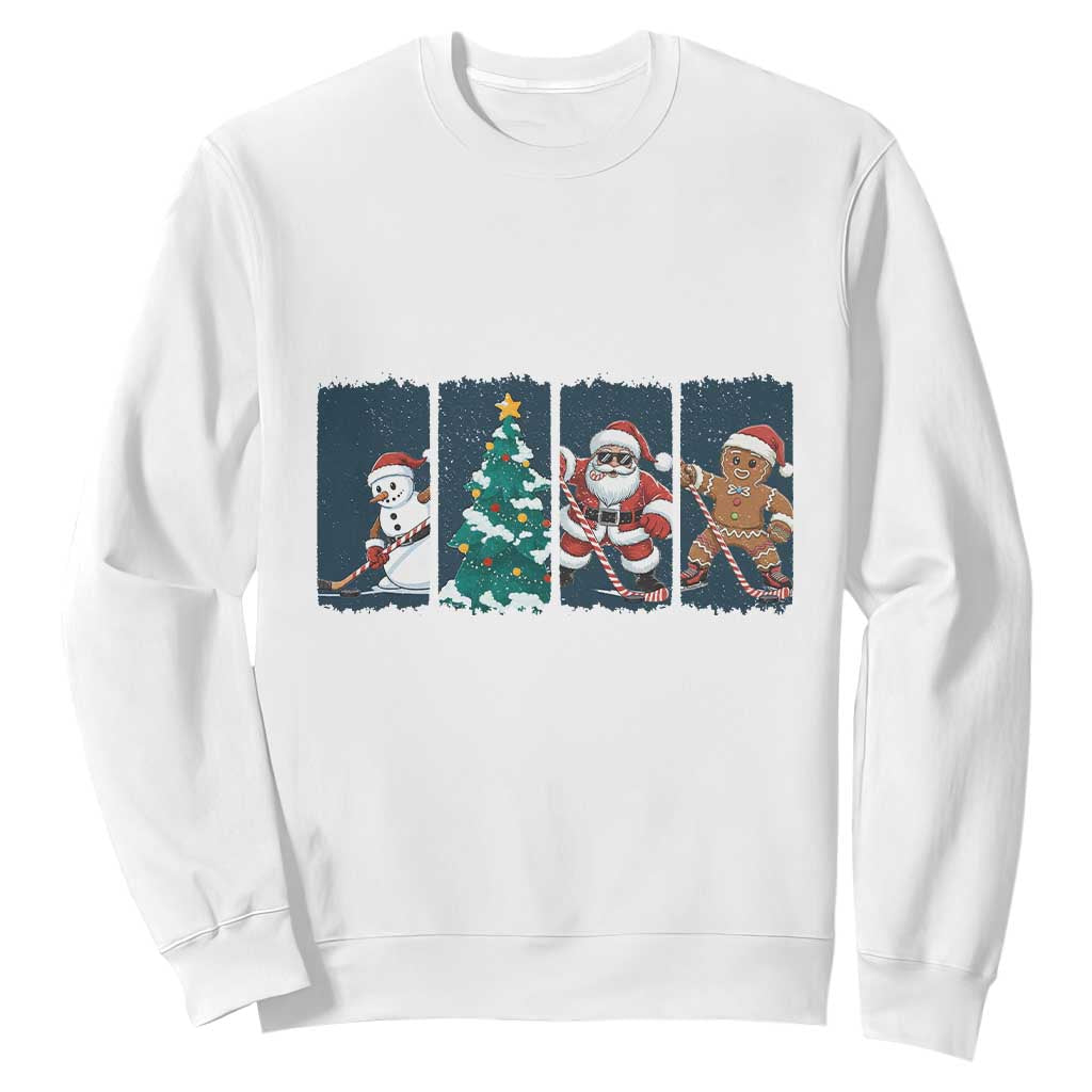 Funny Ice Hockey Christmas Gift Sweatshirt Santa Snowman And Gingerbread Playing Together TS12 White Print Your Wear