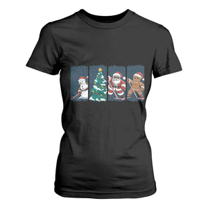 Funny Ice Hockey Christmas Gift T Shirt For Women Santa Snowman And Gingerbread Playing Together TS12 Black Print Your Wear