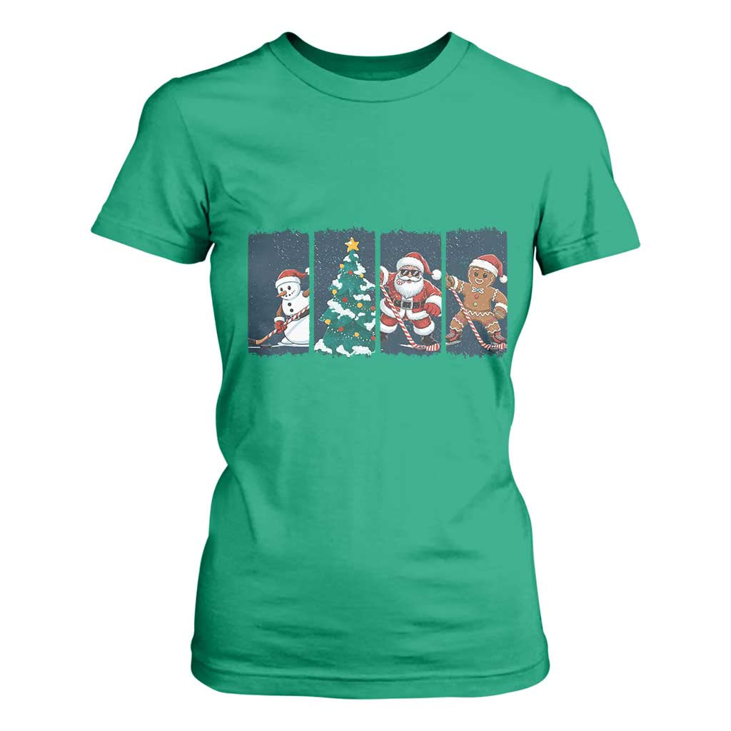 Funny Ice Hockey Christmas Gift T Shirt For Women Santa Snowman And Gingerbread Playing Together TS12 Irish Green Print Your Wear