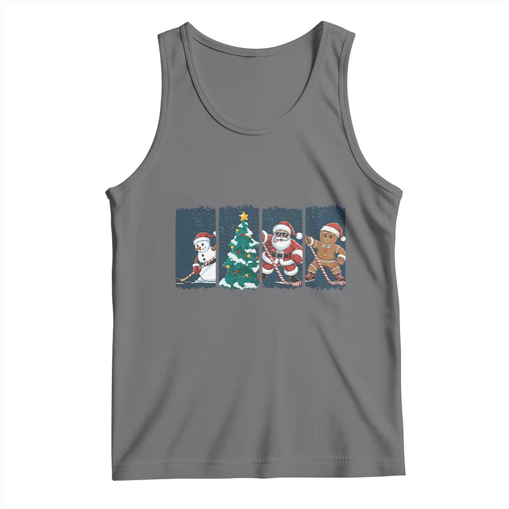 Funny Ice Hockey Christmas Gift Tank Top Santa Snowman And Gingerbread Playing Together TS12 Black Heather Print Your Wear