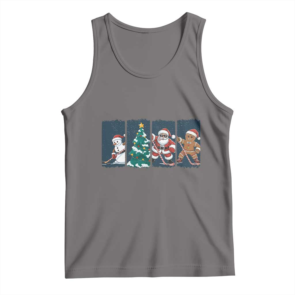 Funny Ice Hockey Christmas Gift Tank Top Santa Snowman And Gingerbread Playing Together TS12 Deep Heather Print Your Wear
