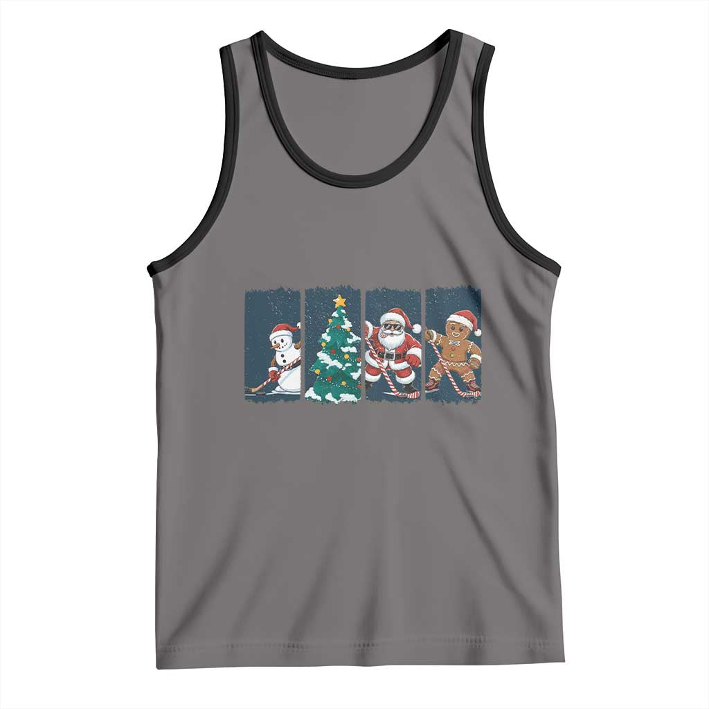 Funny Ice Hockey Christmas Gift Tank Top Santa Snowman And Gingerbread Playing Together TS12 Deep Heather Black Print Your Wear