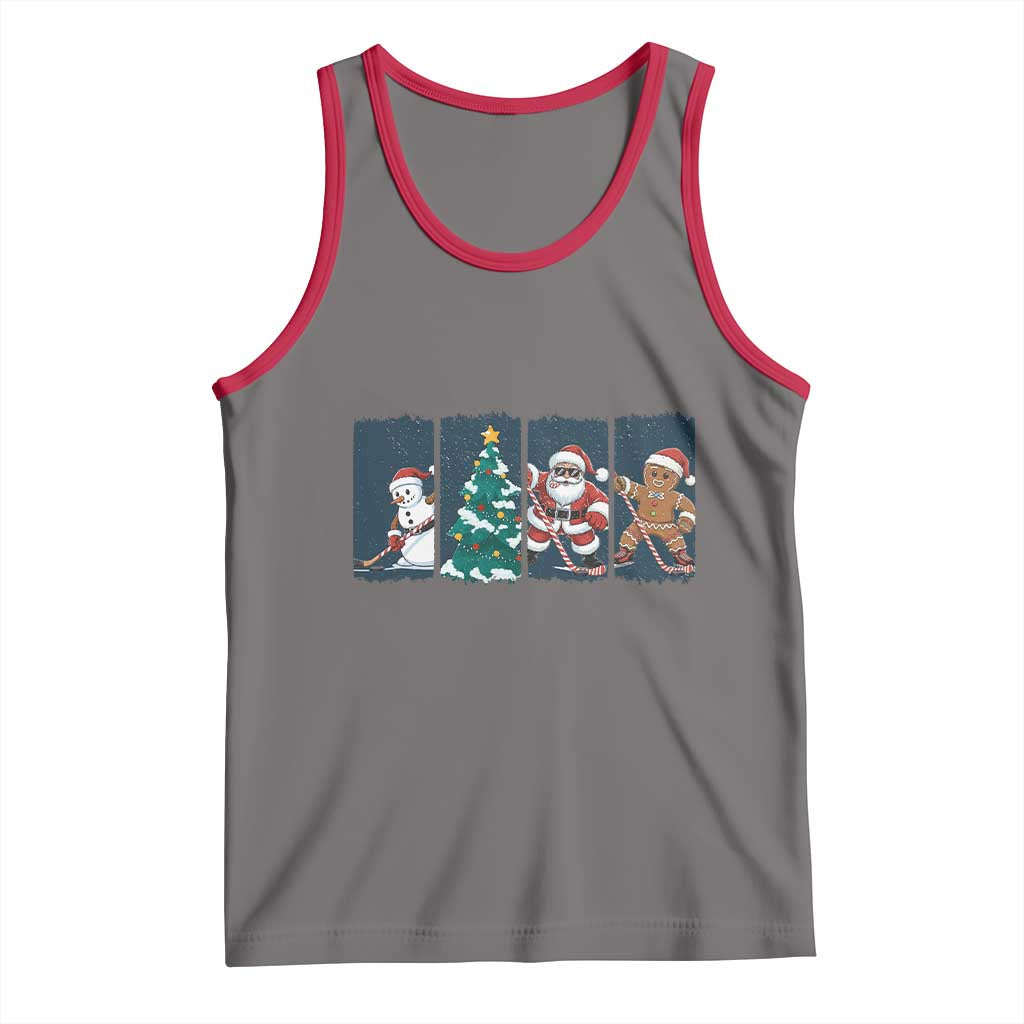 Funny Ice Hockey Christmas Gift Tank Top Santa Snowman And Gingerbread Playing Together TS12 Deep Heather Red Print Your Wear
