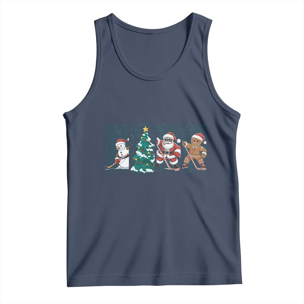 Funny Ice Hockey Christmas Gift Tank Top Santa Snowman And Gingerbread Playing Together TS12 Navy Print Your Wear
