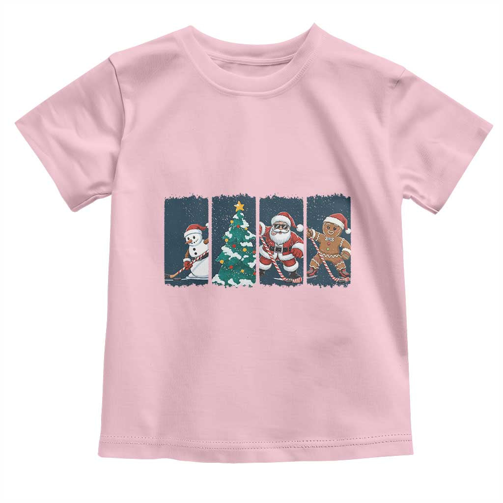 Funny Ice Hockey Christmas Gift Toddler T Shirt Santa Snowman And Gingerbread Playing Together TS12 Light Pink Print Your Wear