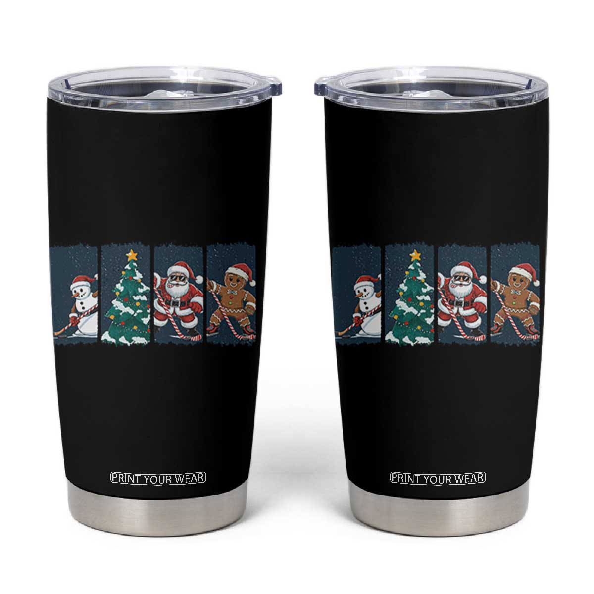 Funny Ice Hockey Christmas Gift Tumbler Cup Santa Snowman And Gingerbread Playing Together TS12 Black Print Your Wear