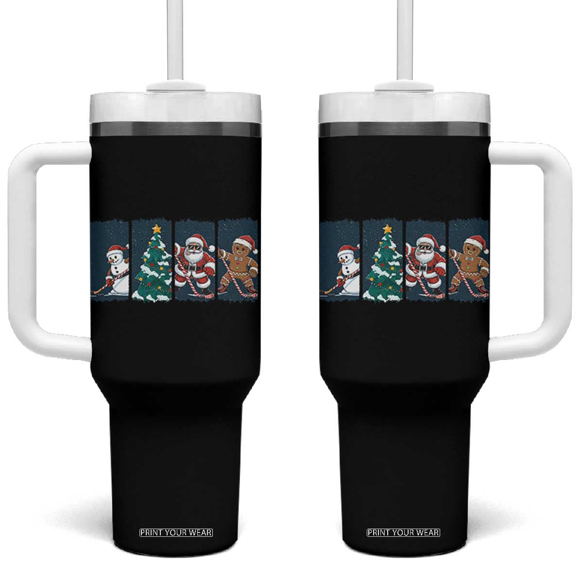 Funny Ice Hockey Christmas Gift Tumbler With Handle Santa Snowman And Gingerbread Playing Together TS12 One Size: 40 oz Black Print Your Wear