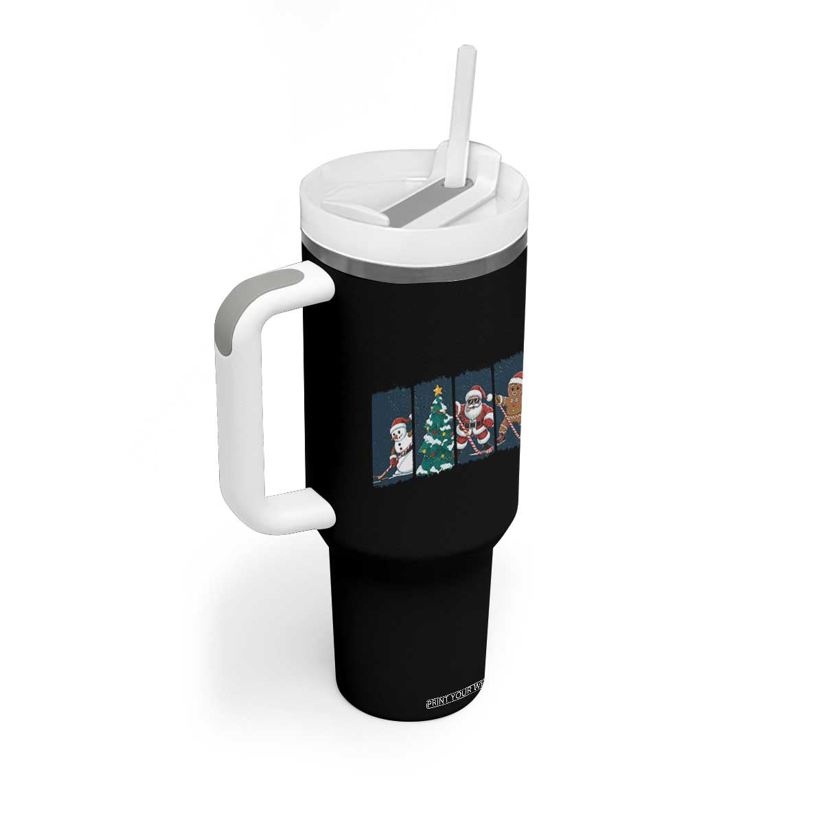 Funny Ice Hockey Christmas Gift Tumbler With Handle Santa Snowman And Gingerbread Playing Together TS12 Print Your Wear
