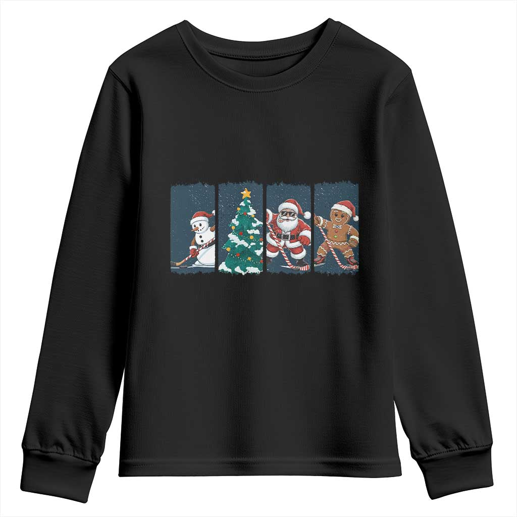Funny Ice Hockey Christmas Gift Youth Sweatshirt Santa Snowman And Gingerbread Playing Together TS12 Black Print Your Wear
