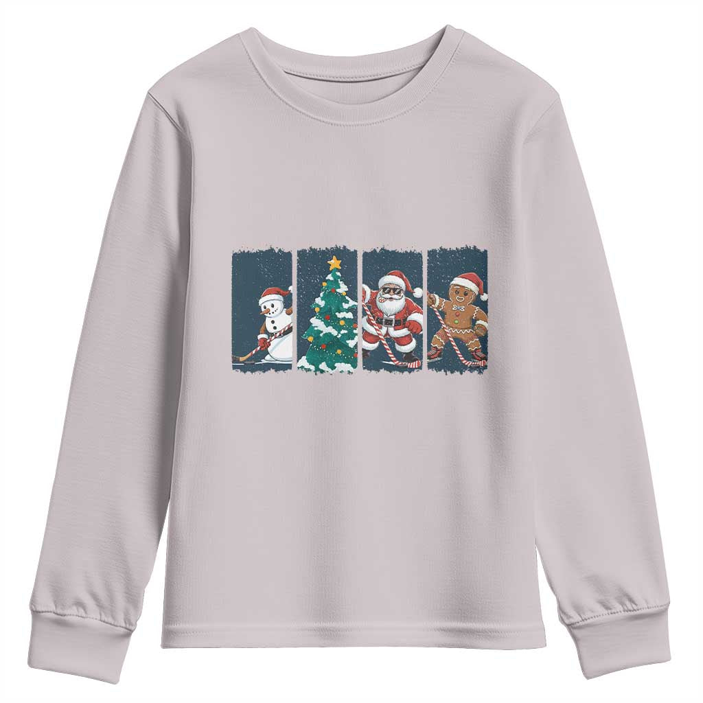 Funny Ice Hockey Christmas Gift Youth Sweatshirt Santa Snowman And Gingerbread Playing Together TS12 Ice Gray Print Your Wear
