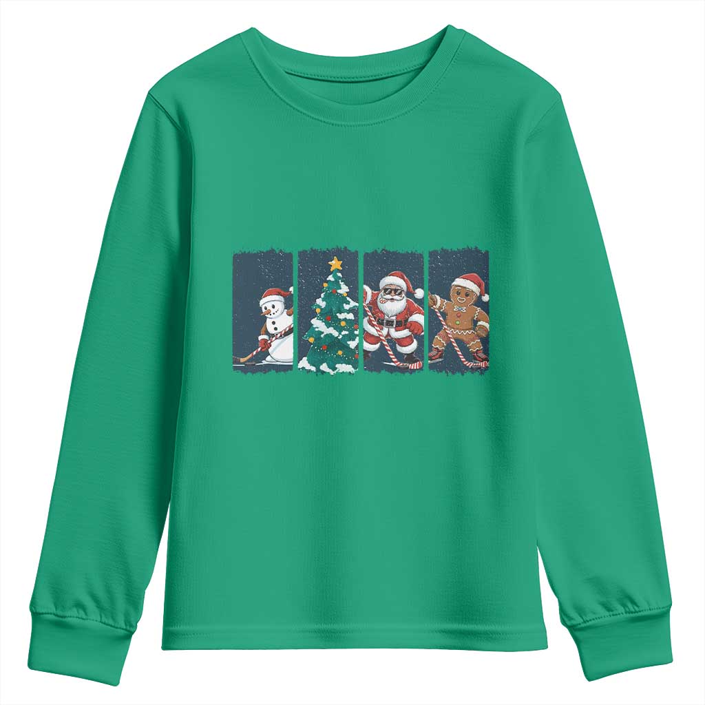Funny Ice Hockey Christmas Gift Youth Sweatshirt Santa Snowman And Gingerbread Playing Together TS12 Irish Green Print Your Wear