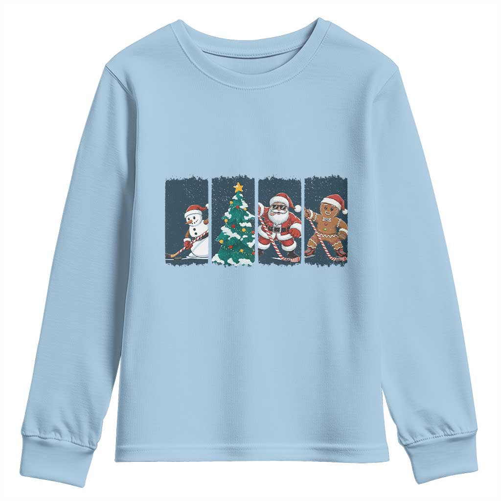 Funny Ice Hockey Christmas Gift Youth Sweatshirt Santa Snowman And Gingerbread Playing Together TS12 Light Blue Print Your Wear